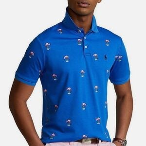 Ralph Lauren Blue Pink Flamingo All Over Polo Shirt Men XL Classic Fit Cotton